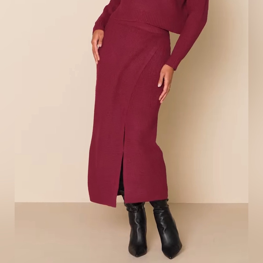 Autumn Sweetheart Burgundy Waffle Knit Midi Skirt